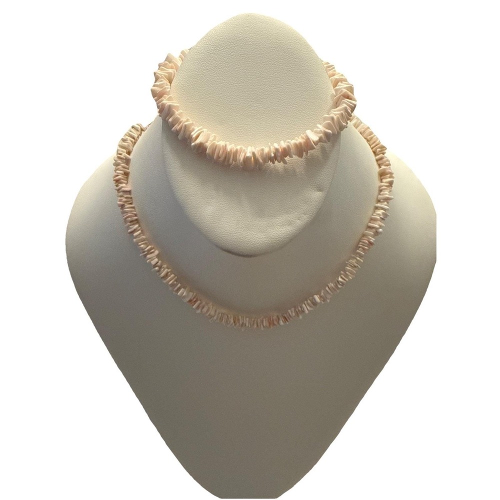Vtg 70/80s Puka Heishe Shell Necklace Set Cream Pink Blush Beach Boho Surf